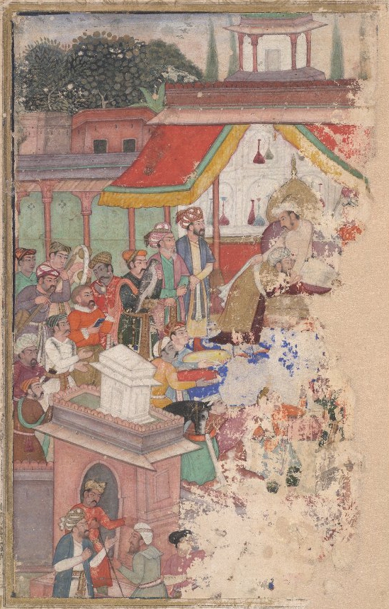 Jahangir investing a courtier watched by Sir Thomas Roe