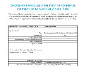 Emergency Card for Class 3B/4 Laser Eye Exposure