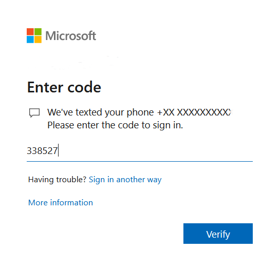 Microsoft Enter code window image