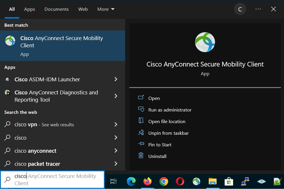 Windows Search Cisco AnyConnect client window-10