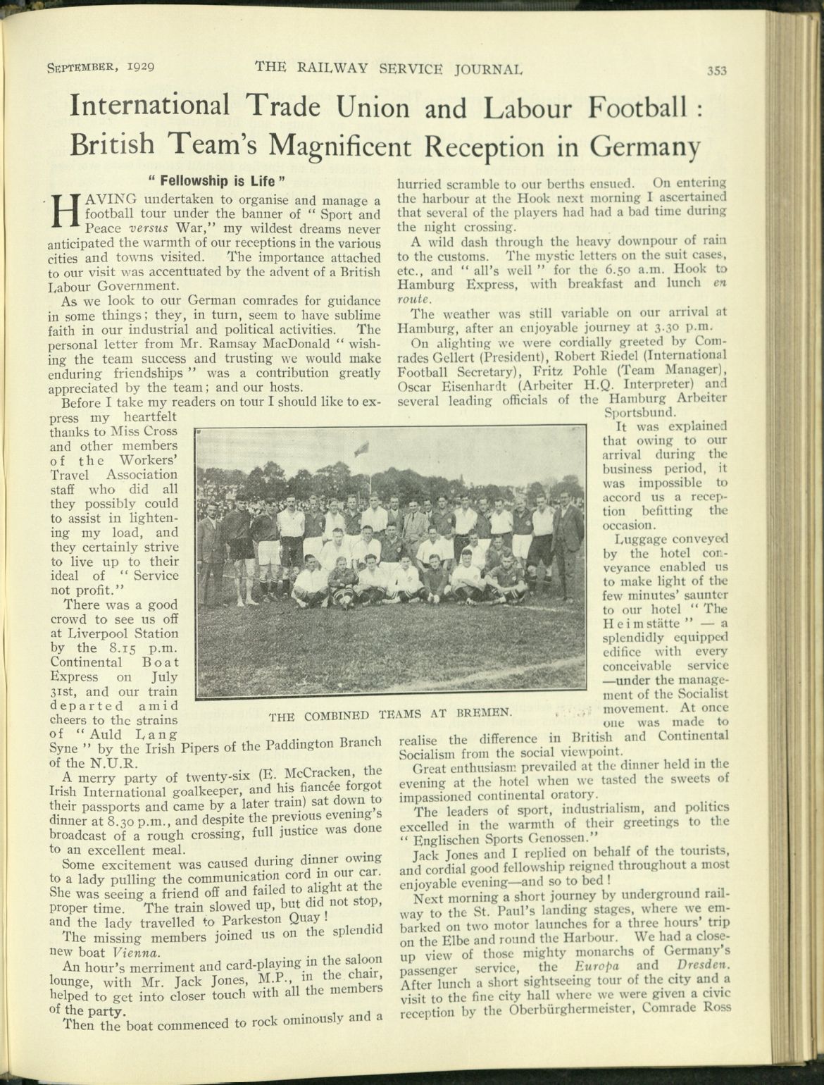 Article on football tour of Germany, 1929