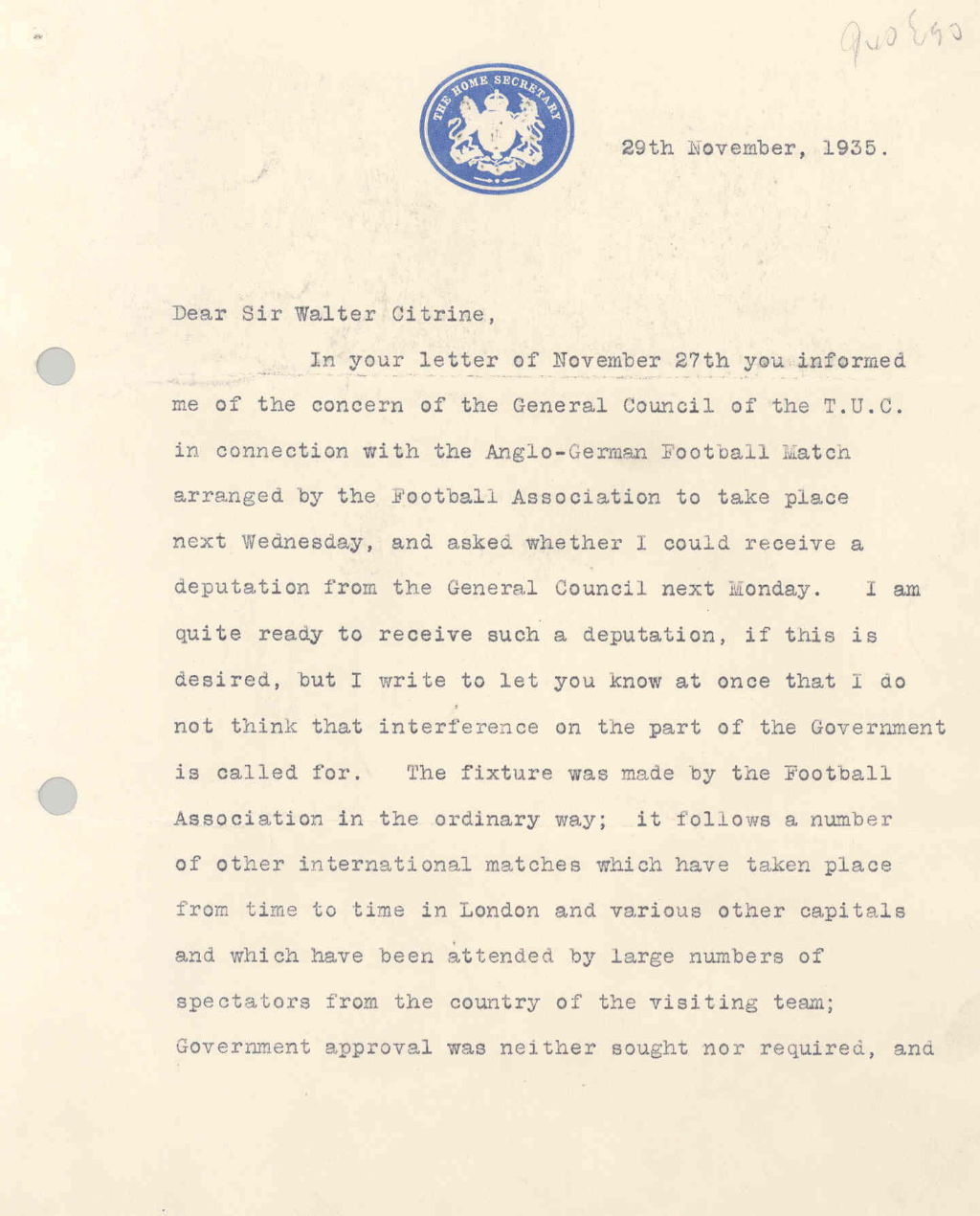 Letter regarding proposed Anglo-German football match, 1935