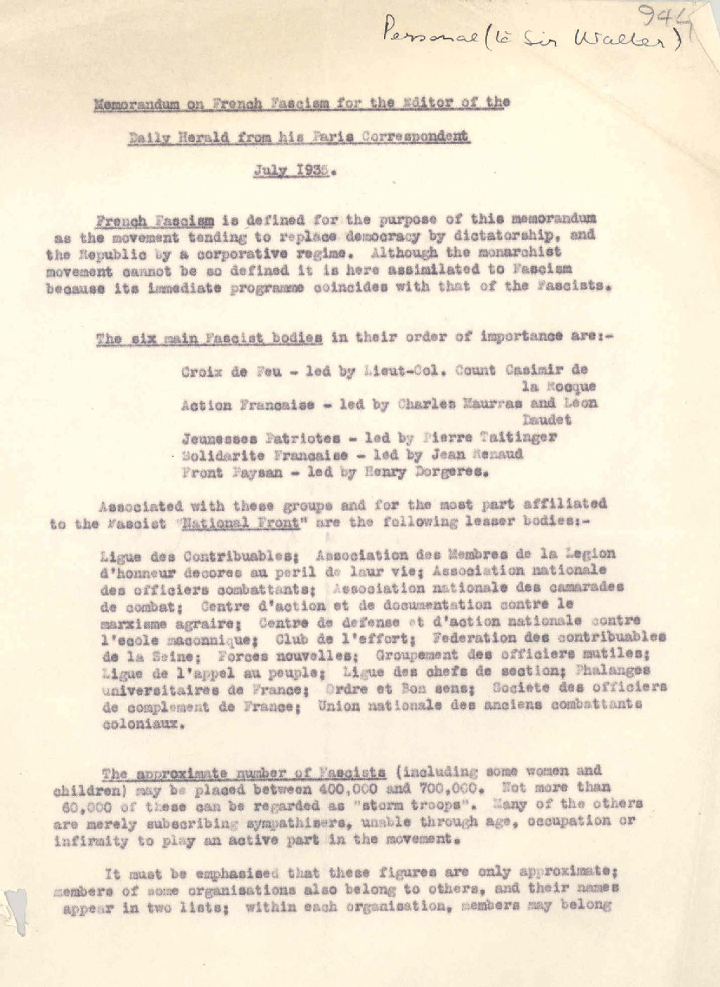 Memorandum on French Fascism, July 1935