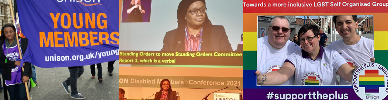 Collage of Young Members march, Disabled Members Conference 2021, and LGBT+ SOG group photo in 2020