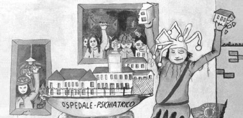 black and white cartoon of Basaglia tearing up asylum
