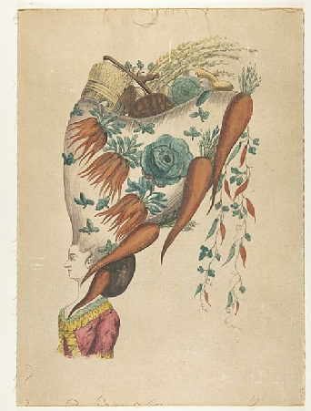 18thCC aquatint of woman with carrots in her large wig