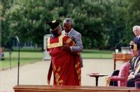 Mandela hugs University of Warwick Chancellor Sir Sonny Ramphal