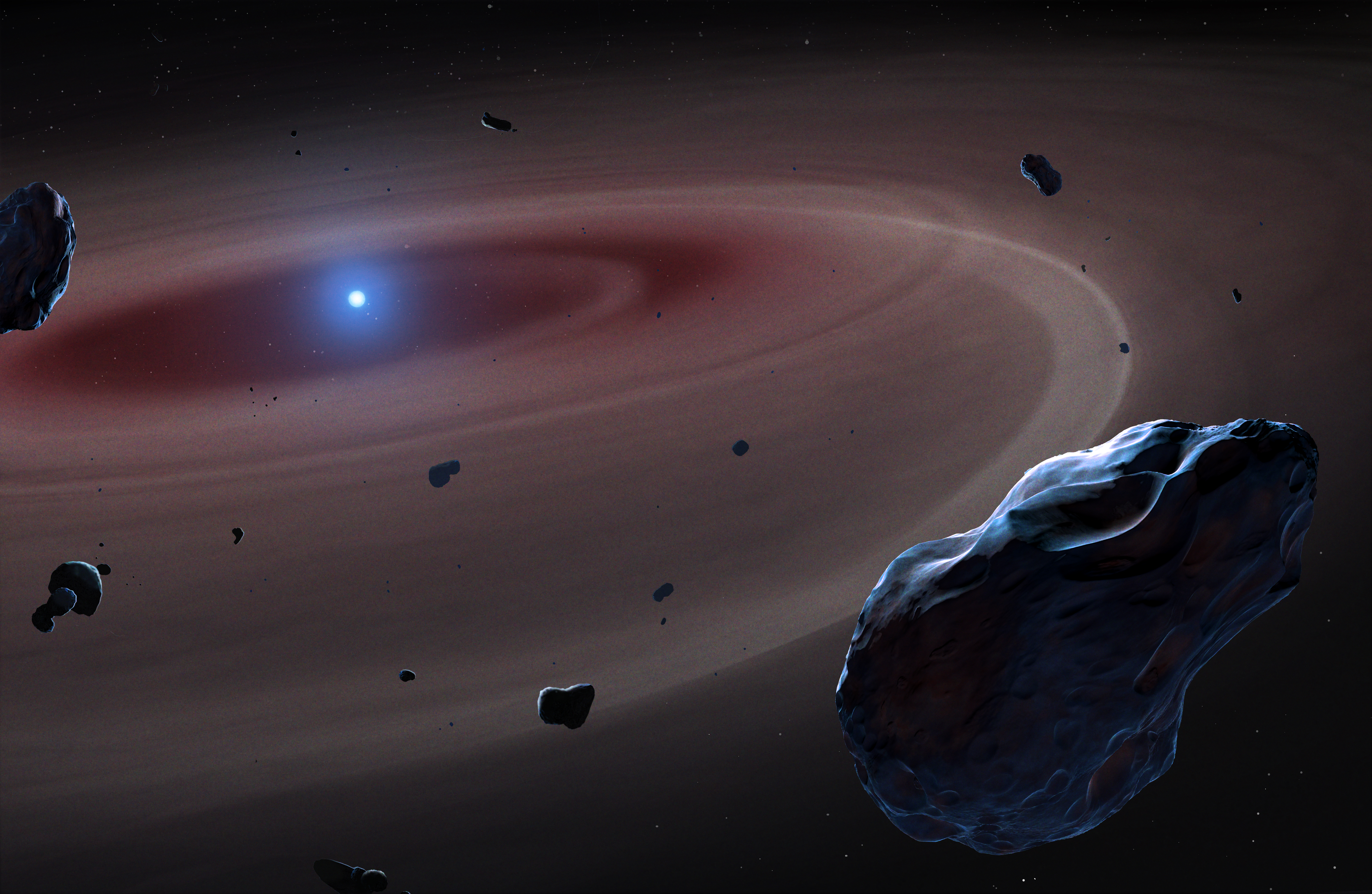 A white dwarf sits in the centre of the remnant of a planetary system.