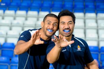Nile Dacres and Waitu Setu from Coventry RFC rugby team, are sporting Fang-tastic new mouth guards