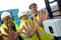 Robert Senior (Site Engineer), Phil Bardsley (Section manager) and Rodney Holland (Managing Director of the equipment's Installation Company - DCS) Builders showing  abraded finger pints which Warwick Warp BioLog equipment copes with - in use on a Coventry building site