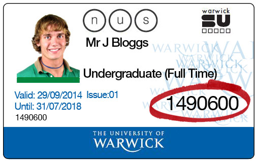 Sample University card with seven-digit ID highlighted