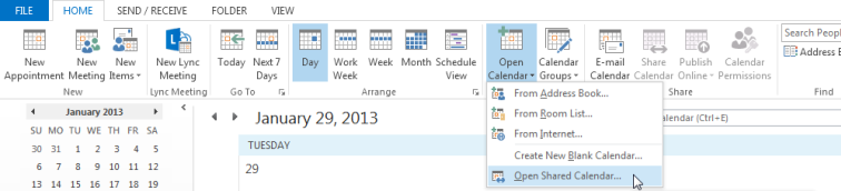 Open shared calendar option in Outlook