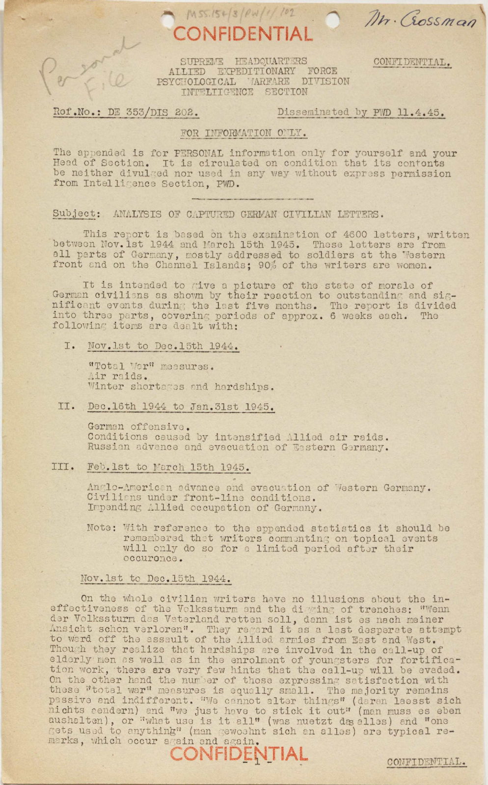 Analysis of captured German civilian letters