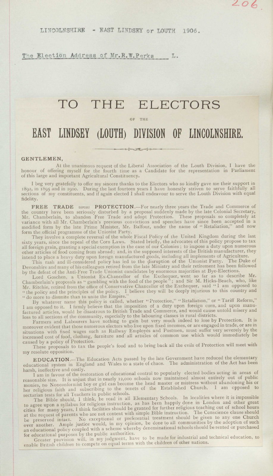 Election address of R.W. Perks, 1906