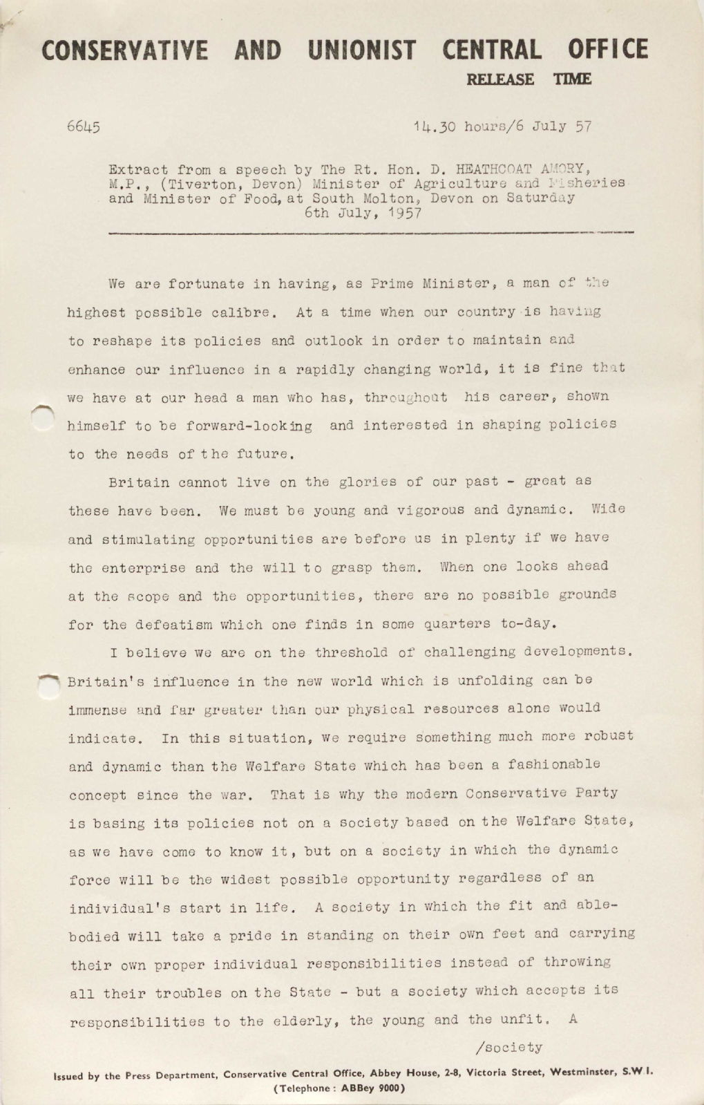 Text of speech on Conservative Party policy, 1957